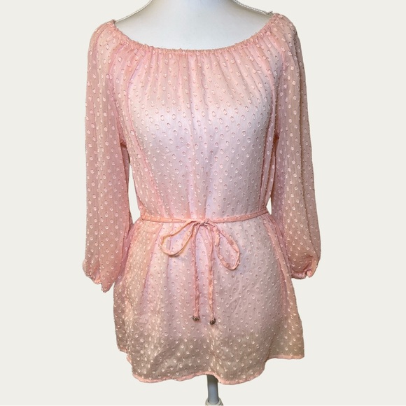 Jennifer Lopez Tops - Jennifer Lopez Pink Sheer‎ Blouse Tie Waist Coquette XS